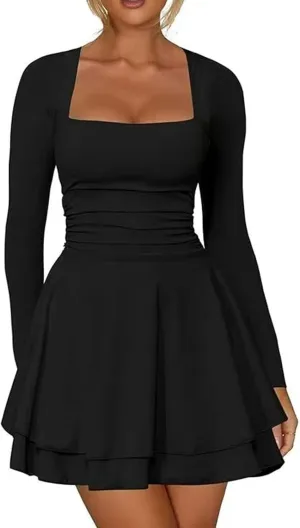 Women's Square Neck Ruffle Hem Mini Dress Long Sleeve Ruched Waist Corset Short Party Dresses Cocktail Short Dress