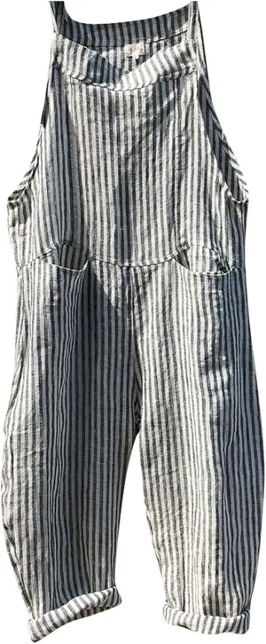 Womens Striped Plaid Jumpsuit Summer Overalls Big Pockets Plus Size Baggy Casual Romper 2024 Trend Outdoor Versatile Playsuit