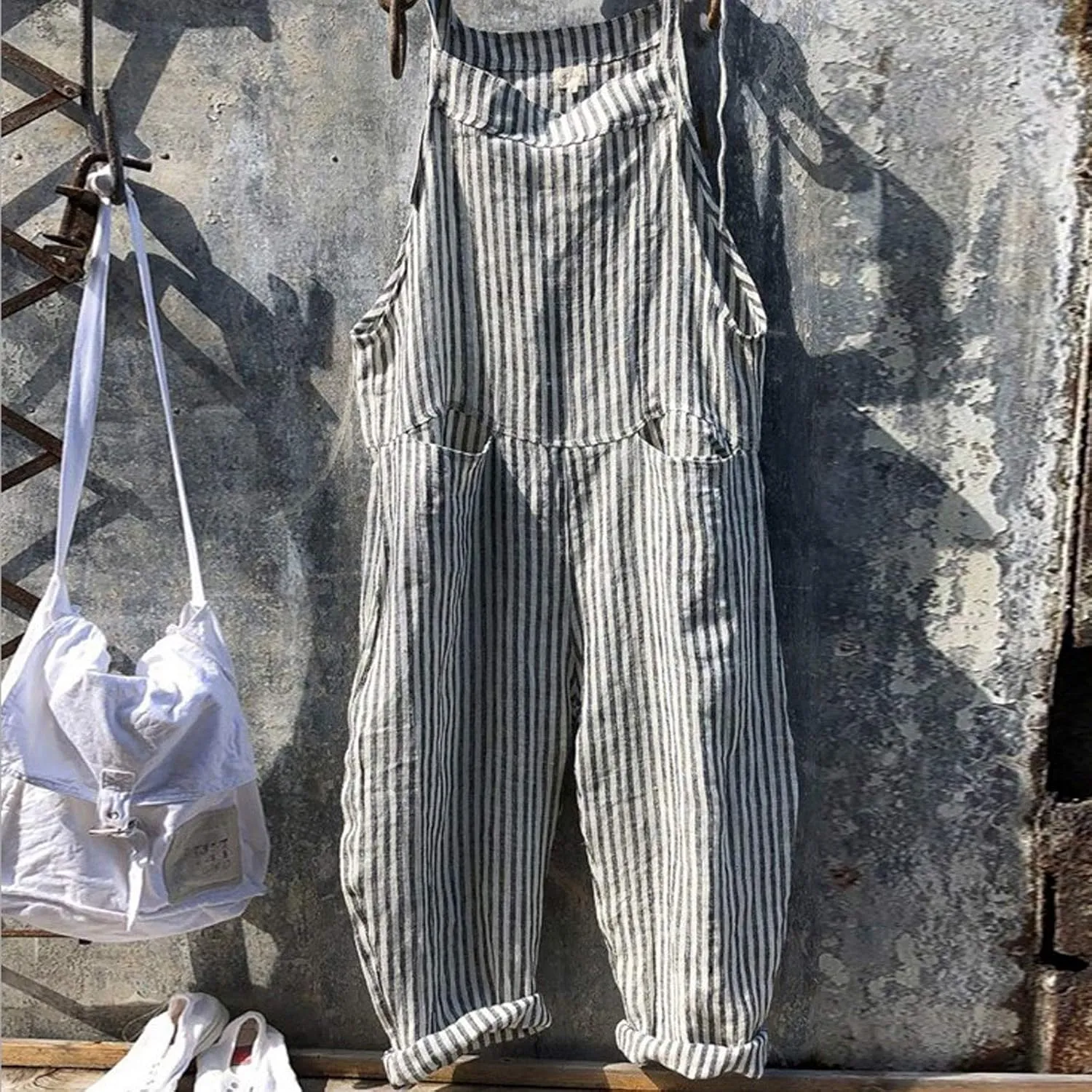 Womens Striped Plaid Jumpsuit Summer Overalls Big Pockets Plus Size Baggy Casual Romper 2024 Trend Outdoor Versatile Playsuit