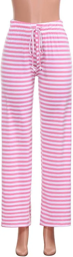 Womens Striped Wide Leg Pants Elastic High Waist Drawstring Trousers Loose Fitness Dancing Yoga Pants