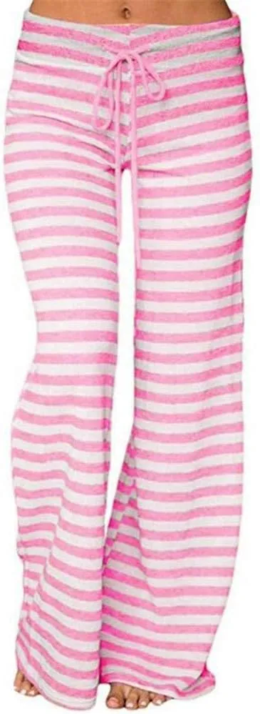 Womens Striped Wide Leg Pants Elastic High Waist Drawstring Trousers Loose Fitness Dancing Yoga Pants