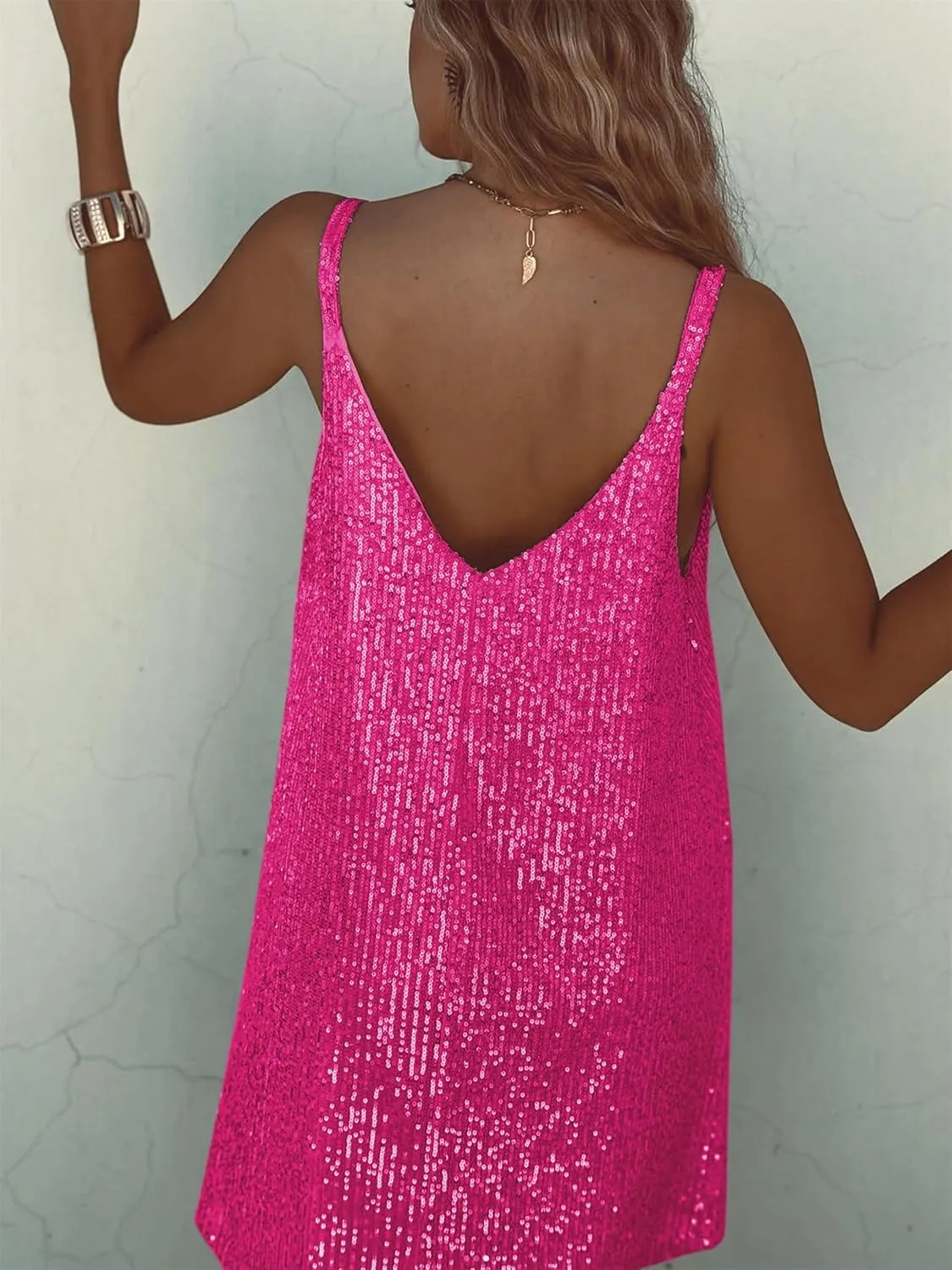 Women's Summer Sleeveless Mini Dress Deep V-Neck Glitter Sequin Dress Sexy Short Dress