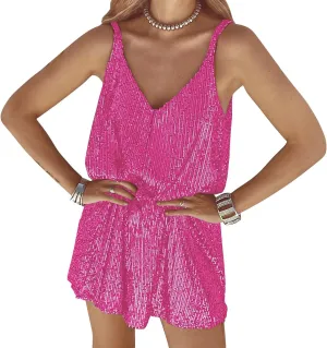 Women's Summer Sleeveless Mini Dress Deep V-Neck Glitter Sequin Dress Sexy Short Dress