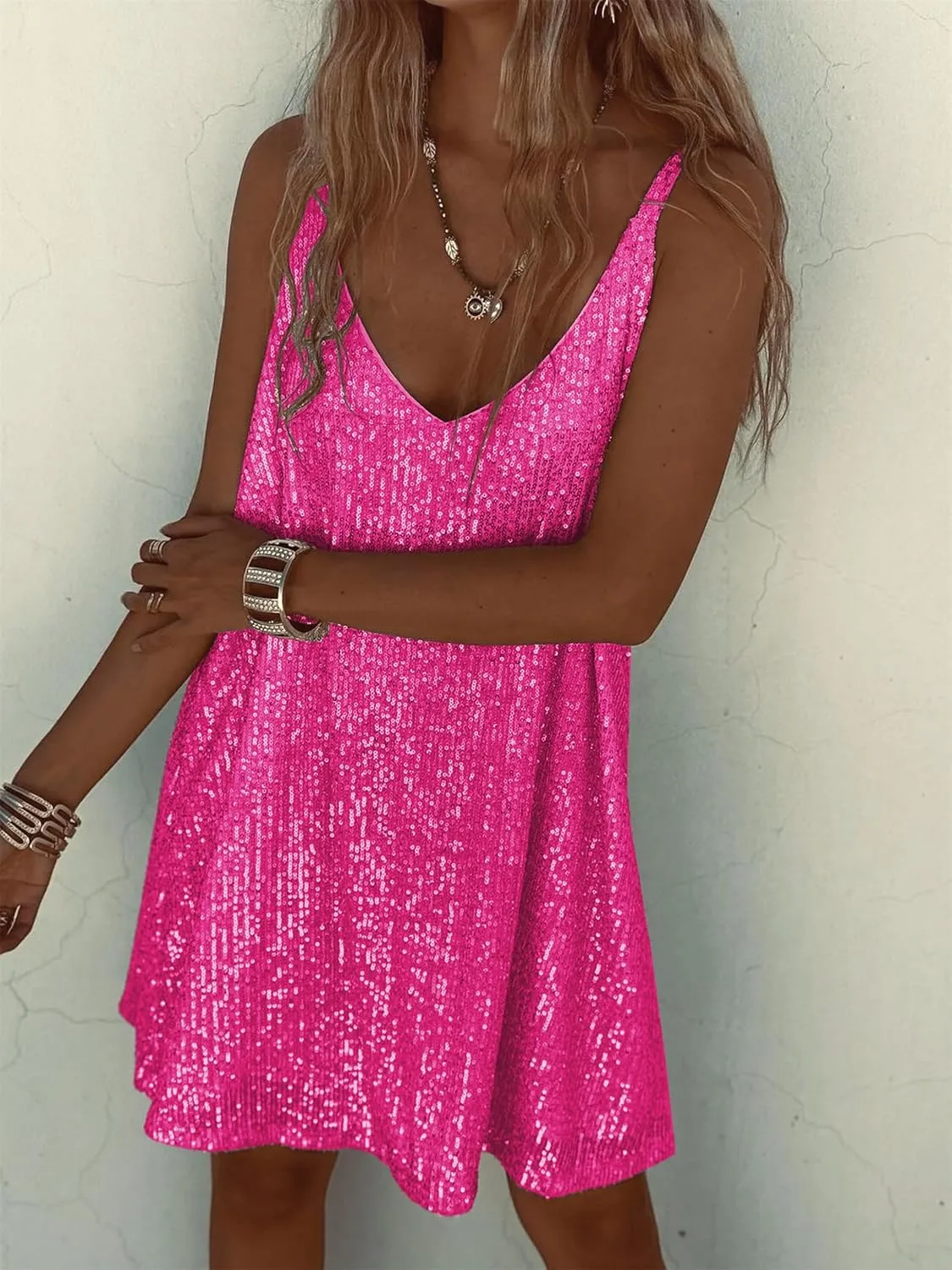 Women's Summer Sleeveless Mini Dress Deep V-Neck Glitter Sequin Dress Sexy Short Dress