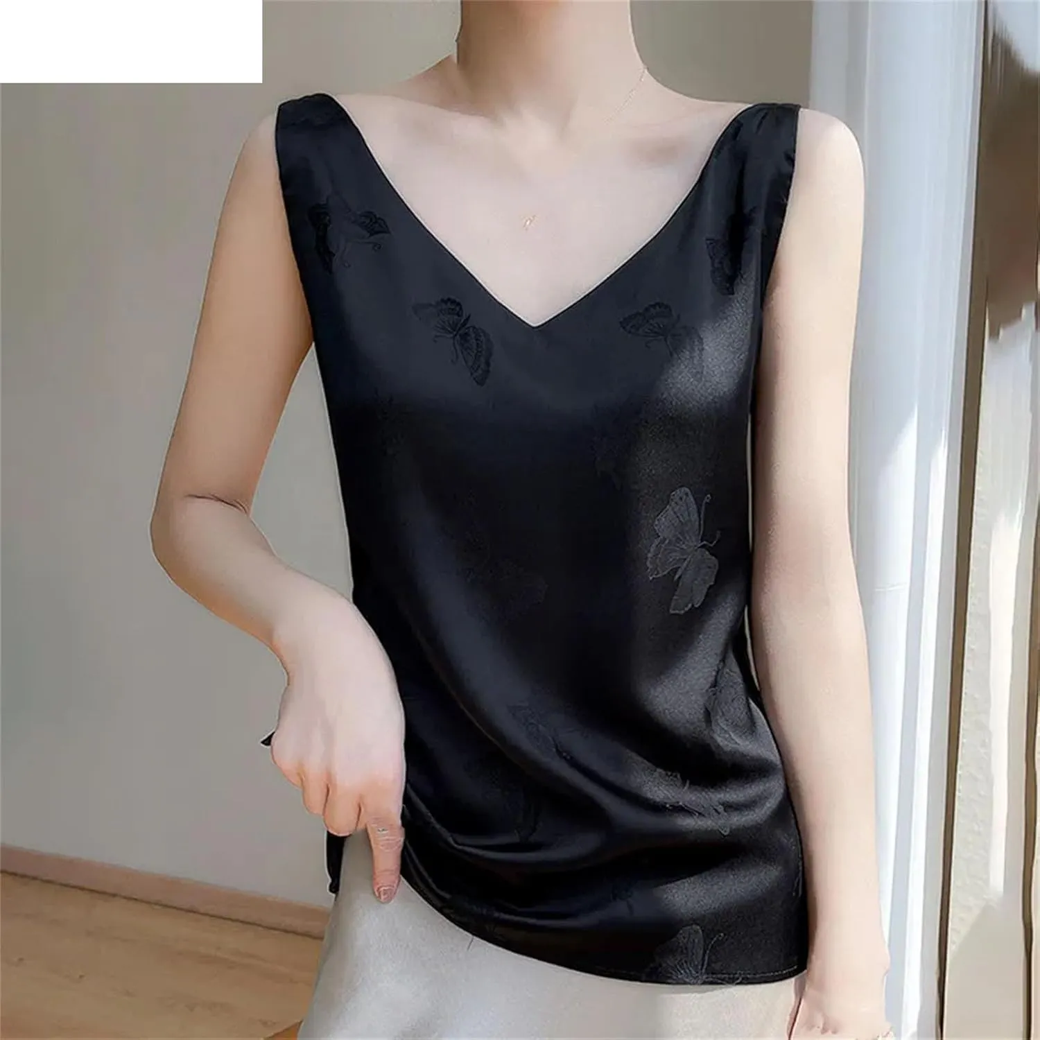 Women's Summer V-Neck Camisole Sleeveless Thin Vest Satin Tops Inside Bottoming Shirt