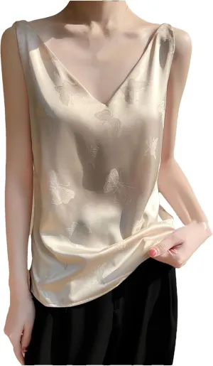 Women's Summer V-Neck Camisole Sleeveless Thin Vest Satin Tops Inside Bottoming Shirt