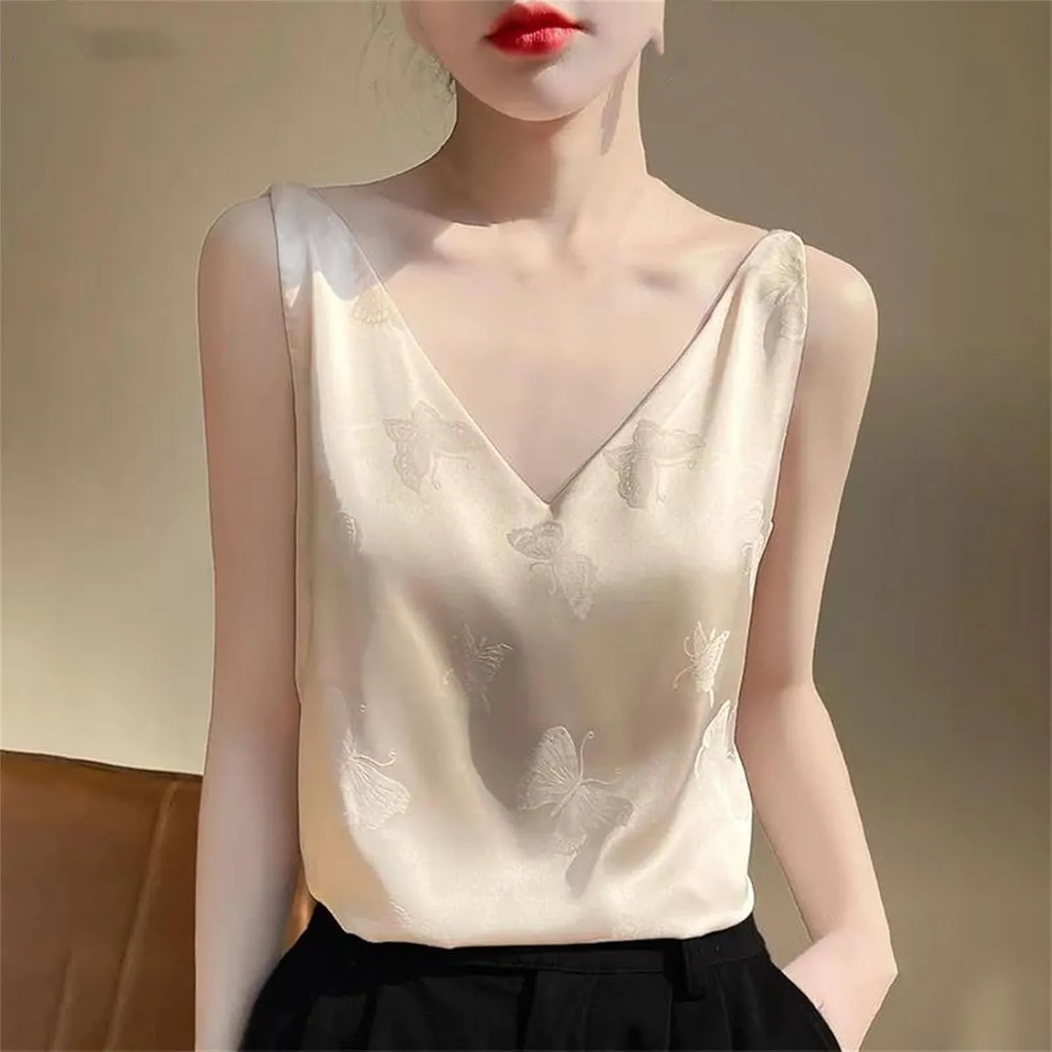 Women's Summer V-Neck Camisole Sleeveless Thin Vest Satin Tops Inside Bottoming Shirt