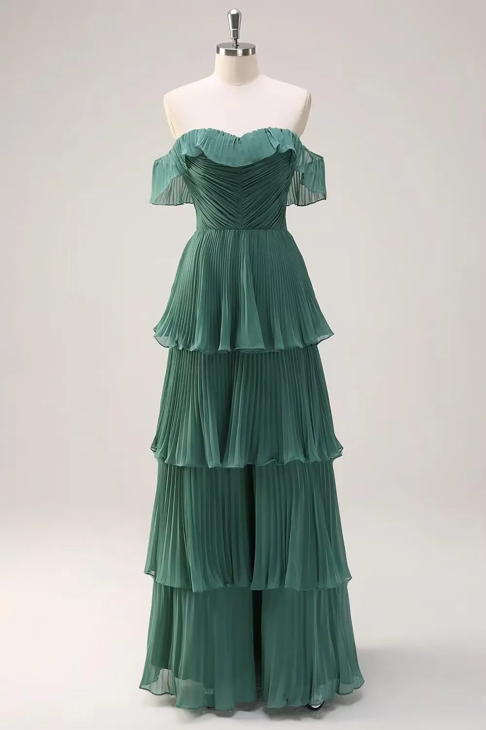 Women's Tiered Bridesmaid Dresses for Wedding Off Shoulder Chiffon Ruffles Long Formal Evening Gowns