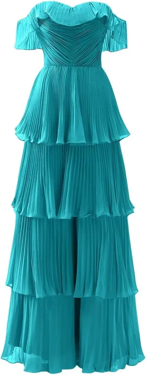 Women's Tiered Bridesmaid Dresses for Wedding Off Shoulder Chiffon Ruffles Long Formal Evening Gowns