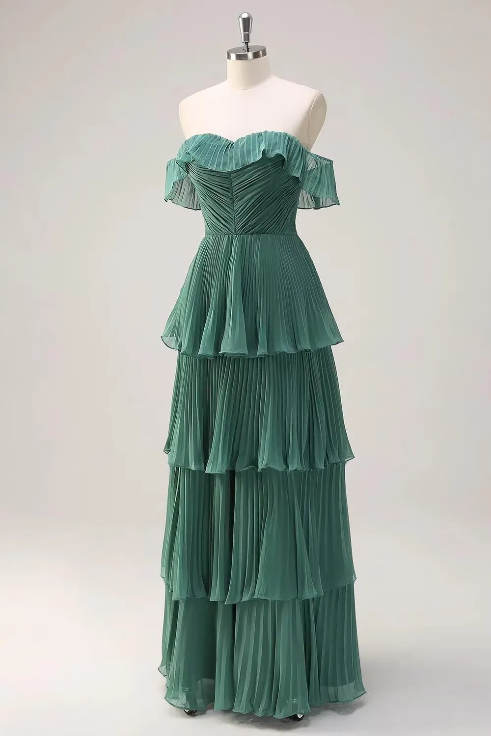 Women's Tiered Bridesmaid Dresses for Wedding Off Shoulder Chiffon Ruffles Long Formal Evening Gowns