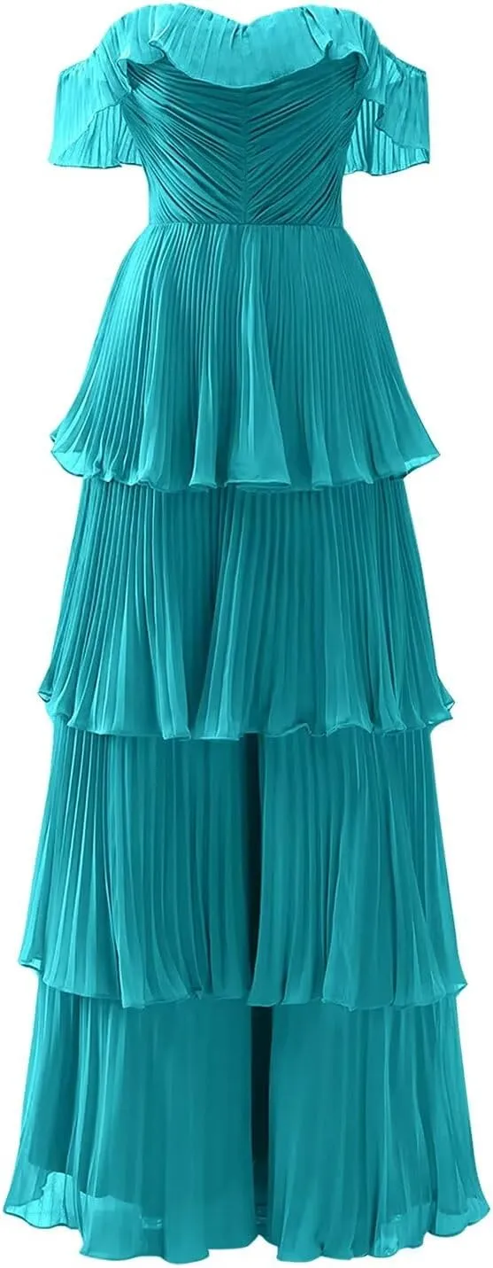 Women's Tiered Bridesmaid Dresses for Wedding Off Shoulder Chiffon Ruffles Long Formal Evening Gowns
