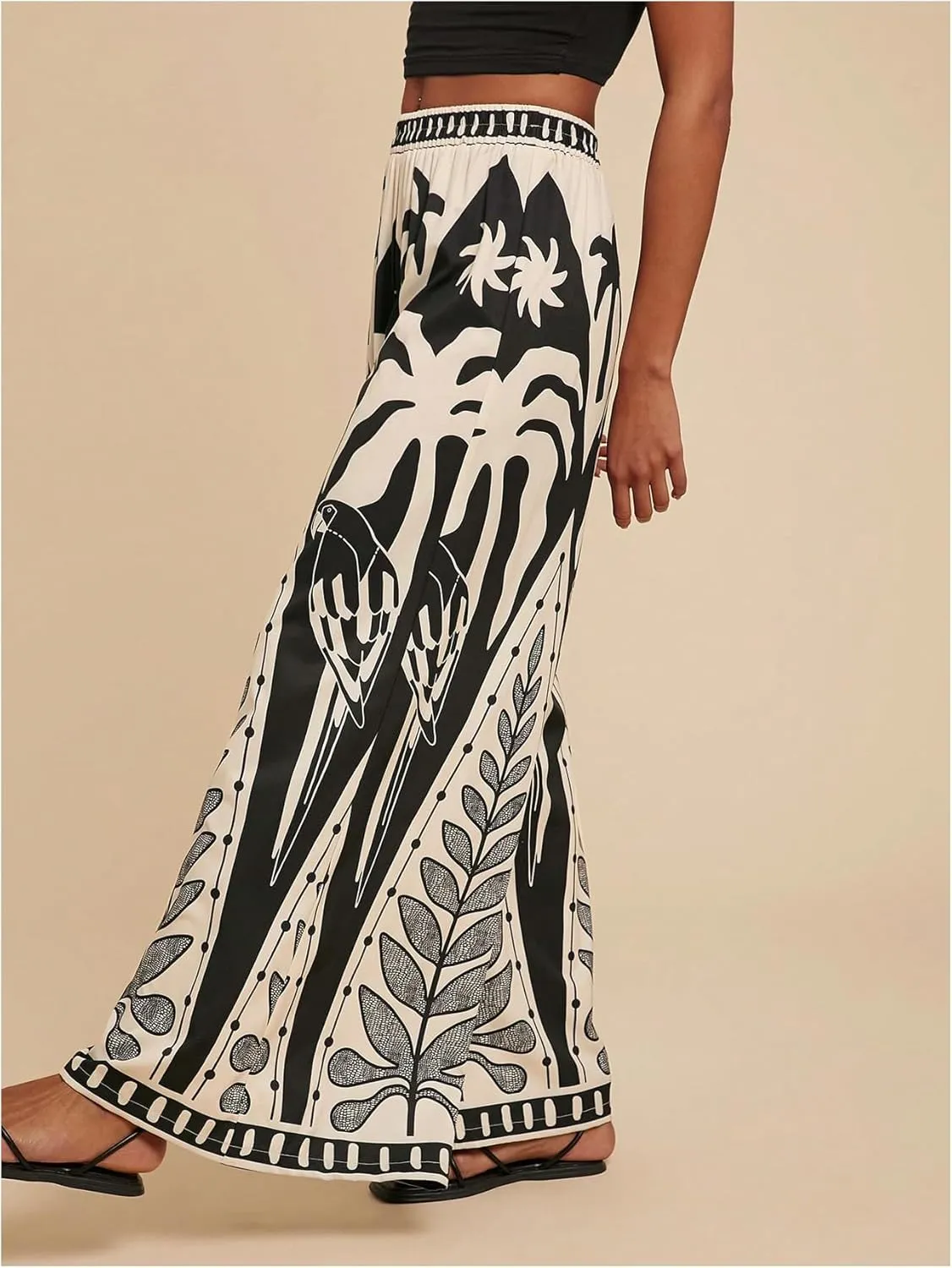 Women's Tropical Print Palazzo Pants Boho Elastic High Waist Wide Leg Casual Pants Vacation Beach Holiday Trousers