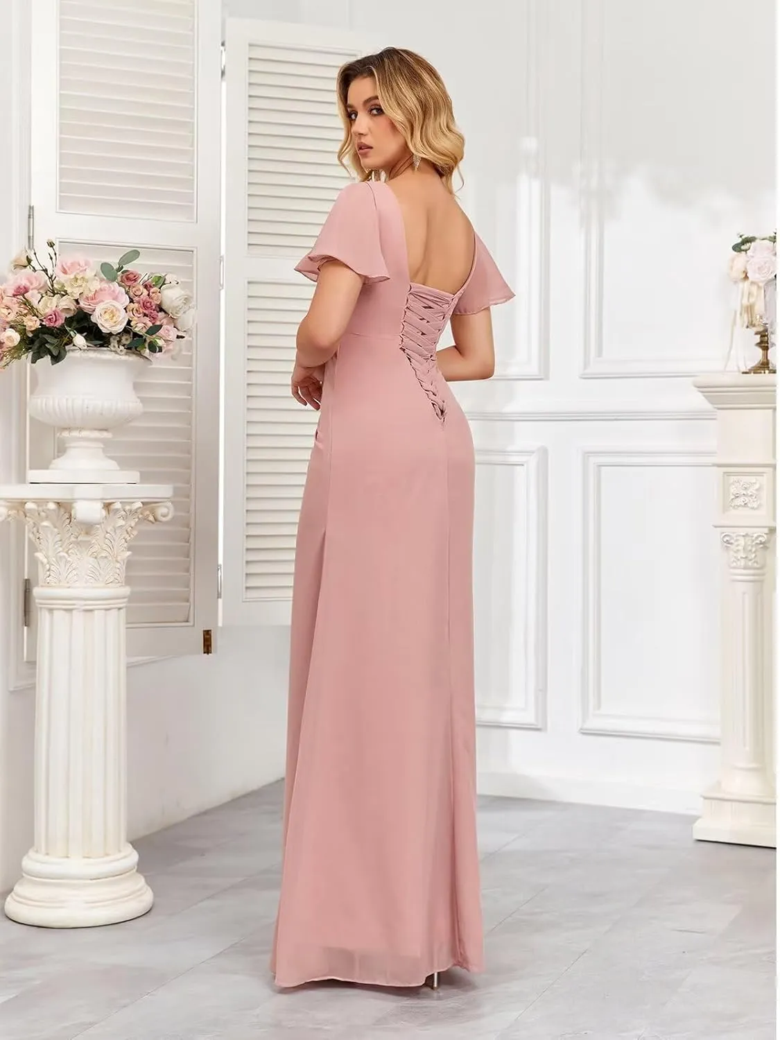Women's V Neck Chiffon Bridesmaid Dresses for Wedding Flutter Sleeve Ruched Formal Dress with Slit