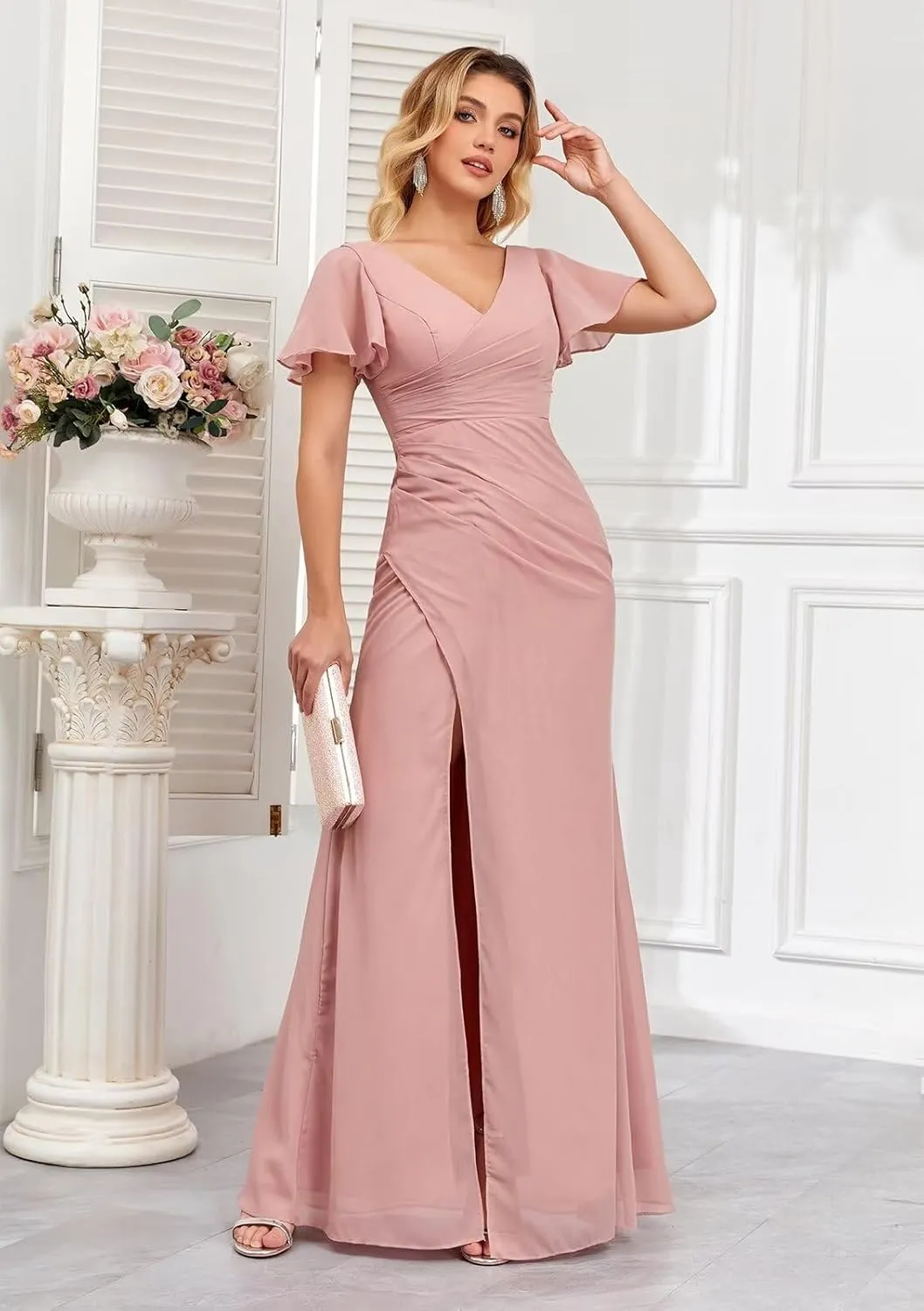 Women's V Neck Chiffon Bridesmaid Dresses for Wedding Flutter Sleeve Ruched Formal Dress with Slit
