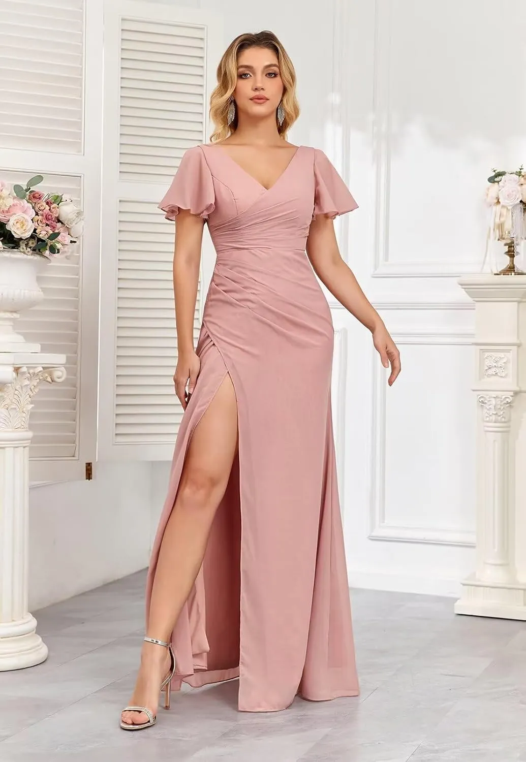 Women's V Neck Chiffon Bridesmaid Dresses for Wedding Flutter Sleeve Ruched Formal Dress with Slit