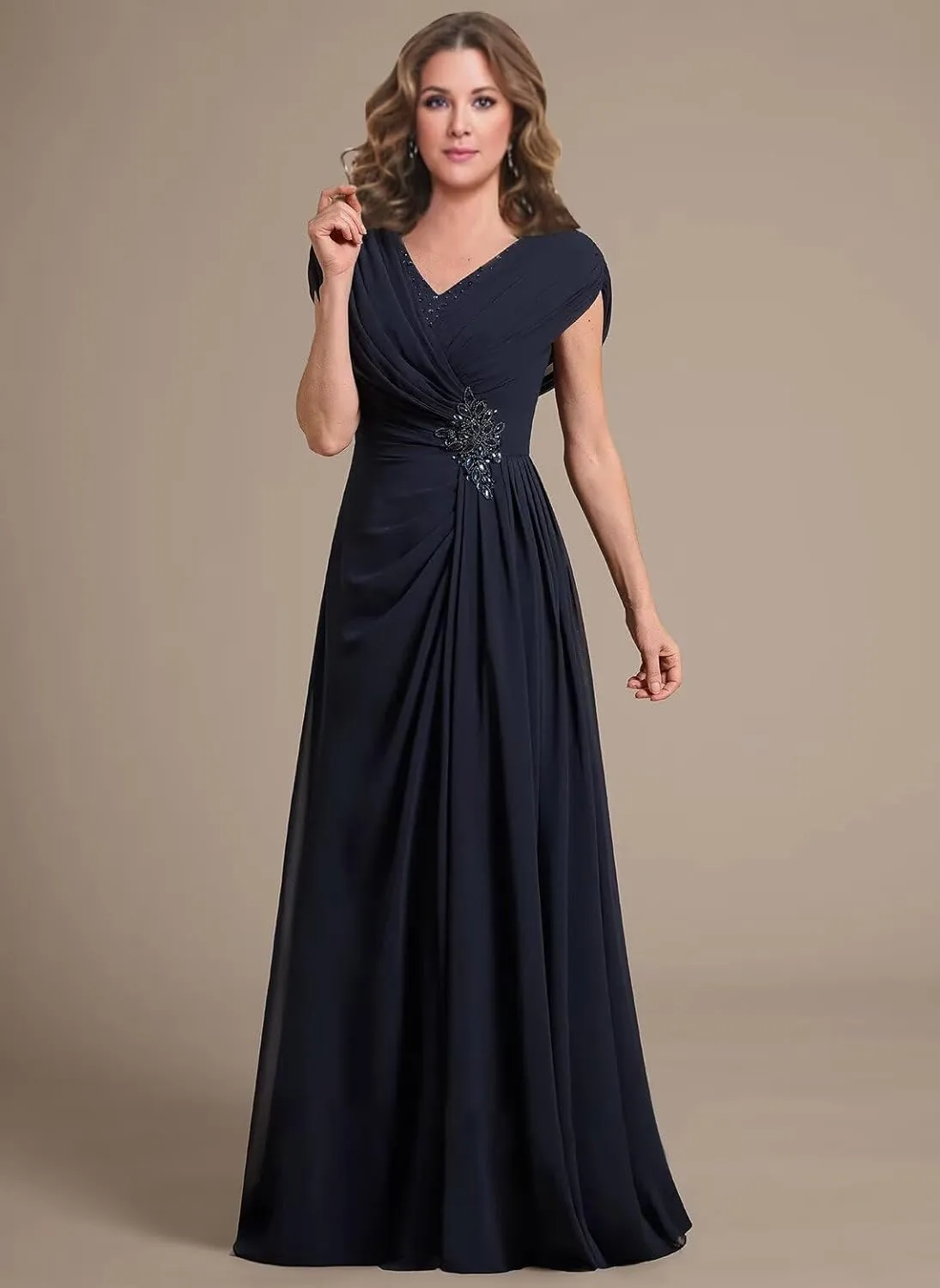 Women's V Neck Mother of The Bride Dresses Long for Wedding Pleated Beaded Lace Applique Formal Evening Gown