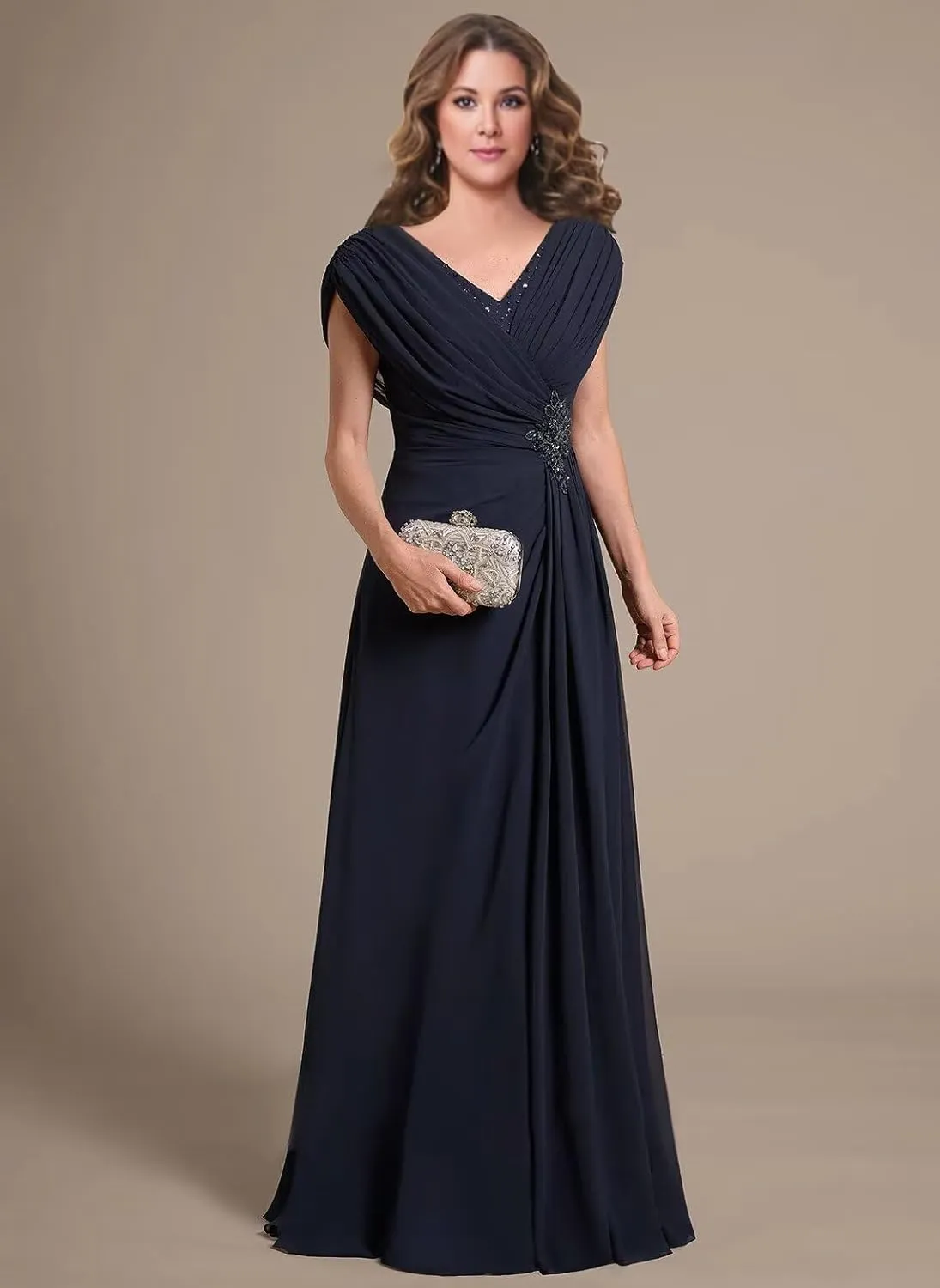 Women's V Neck Mother of The Bride Dresses Long for Wedding Pleated Beaded Lace Applique Formal Evening Gown