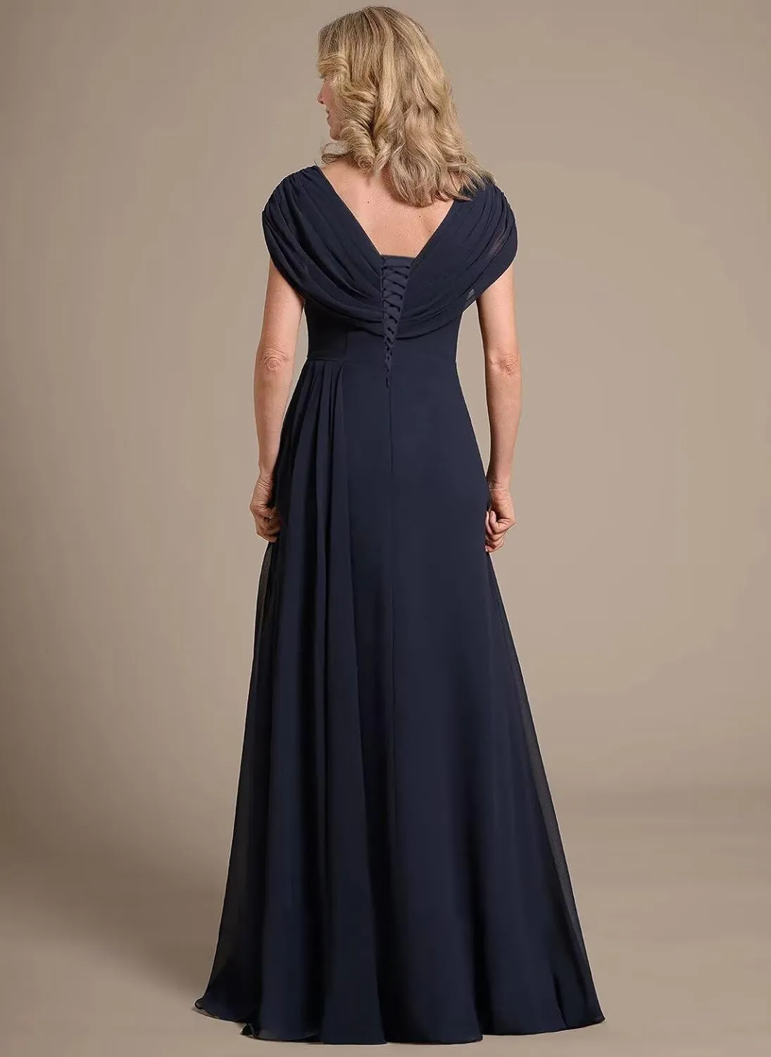 Women's V Neck Mother of The Bride Dresses Long for Wedding Pleated Beaded Lace Applique Formal Evening Gown