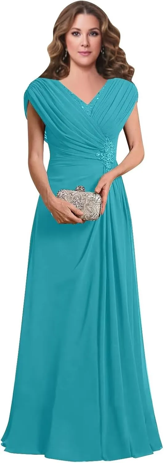 Women's V Neck Mother of The Bride Dresses Long for Wedding Pleated Beaded Lace Applique Formal Evening Gown
