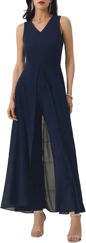 Women's Wide Leg Jumpsuits Chiffon V Neck Cocktail Sleeveless Jumpsuit