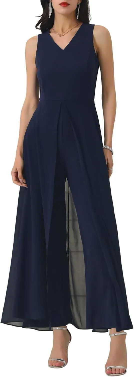 Women's Wide Leg Jumpsuits Chiffon V Neck Cocktail Sleeveless Jumpsuit