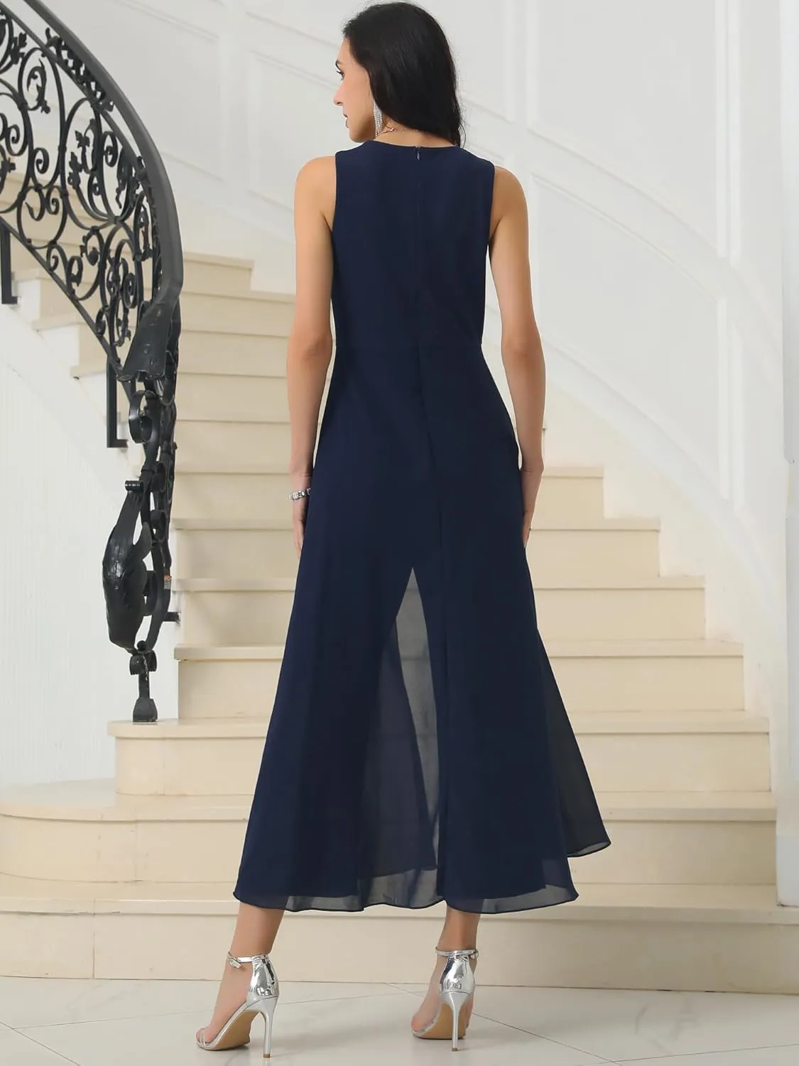 Women's Wide Leg Jumpsuits Chiffon V Neck Cocktail Sleeveless Jumpsuit