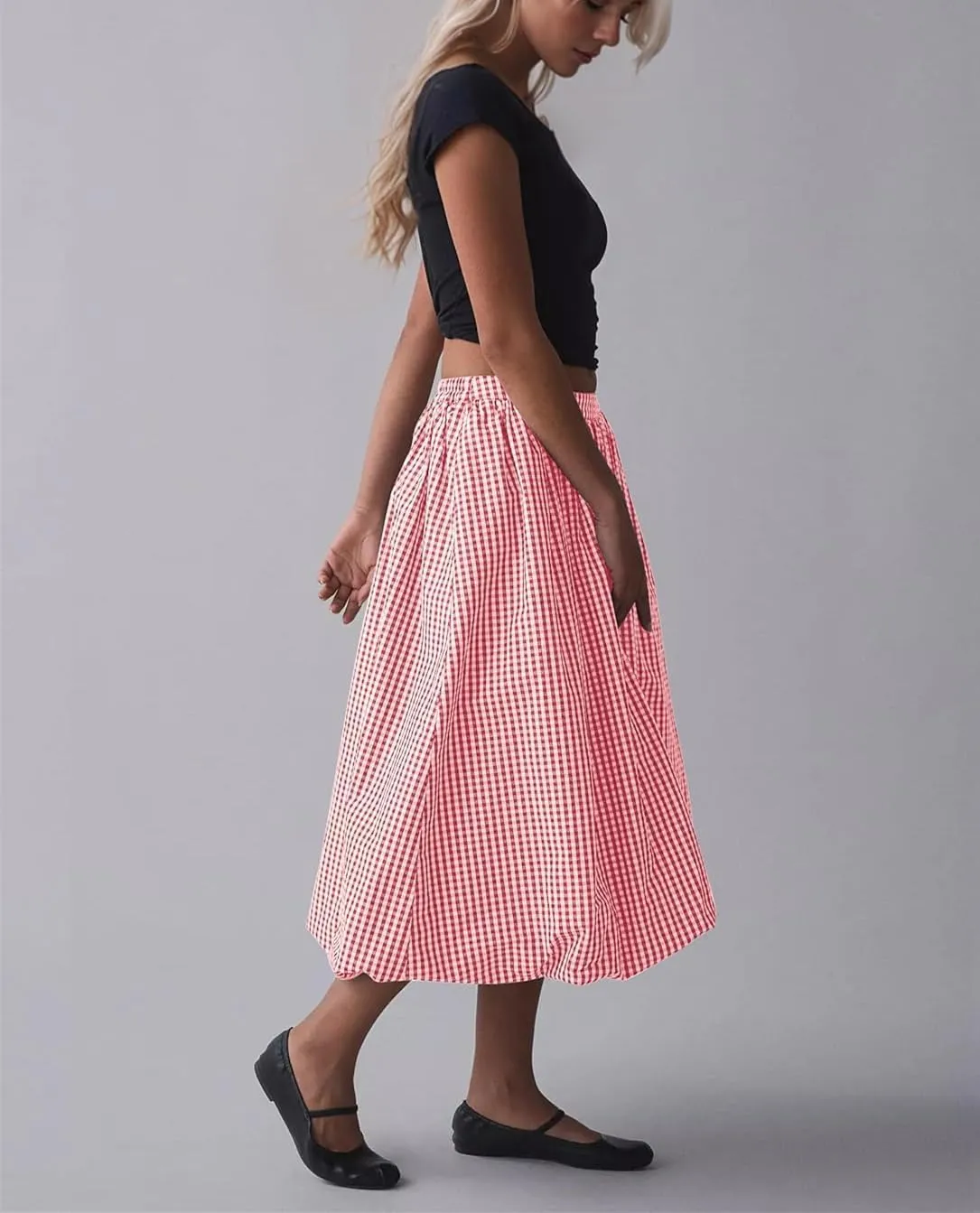 Women's Y2k Bubble Midi Skirt Plaid Elastic High Waist A Line Summer Casual Fairy Ruffle Long Skirt