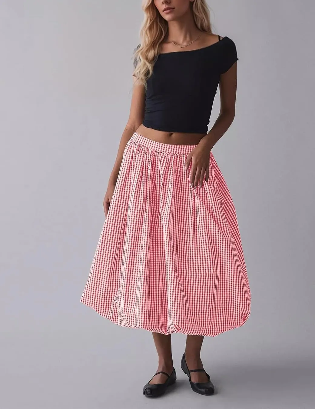 Women's Y2k Bubble Midi Skirt Plaid Elastic High Waist A Line Summer Casual Fairy Ruffle Long Skirt