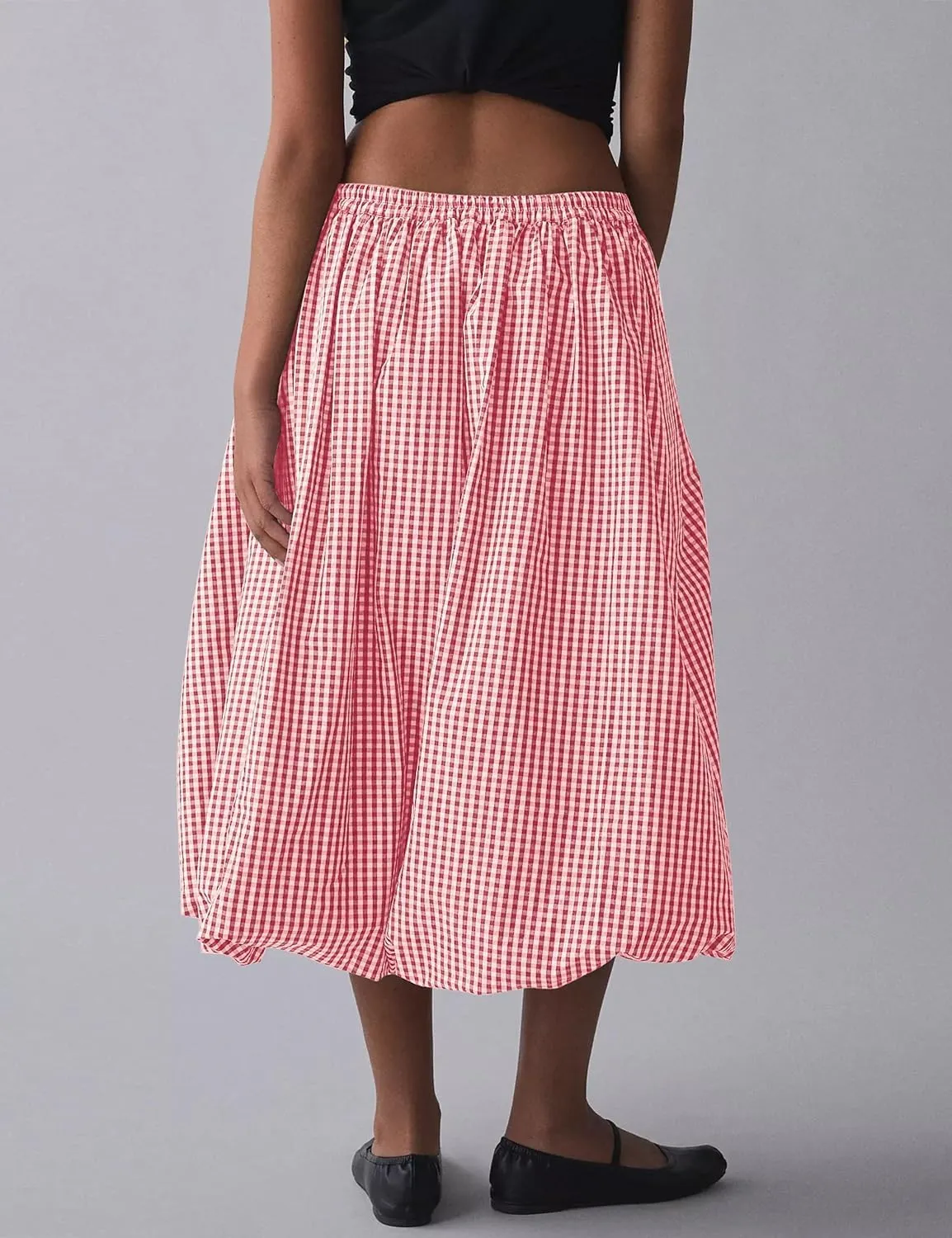 Women's Y2k Bubble Midi Skirt Plaid Elastic High Waist A Line Summer Casual Fairy Ruffle Long Skirt