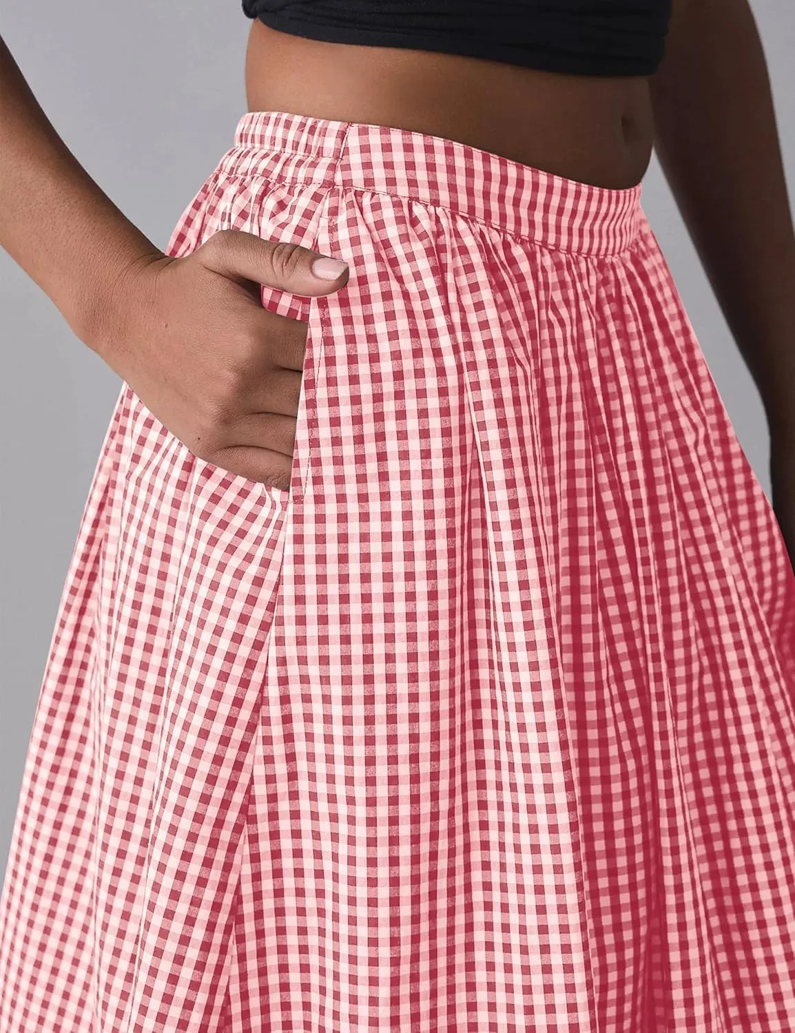 Women's Y2k Bubble Midi Skirt Plaid Elastic High Waist A Line Summer Casual Fairy Ruffle Long Skirt