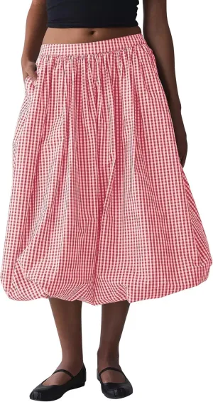 Women's Y2k Bubble Midi Skirt Plaid Elastic High Waist A Line Summer Casual Fairy Ruffle Long Skirt