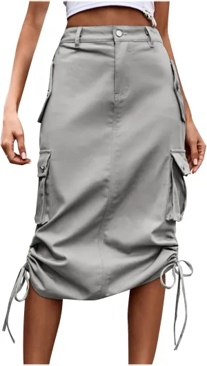 Women's Y2K Cargo Skirt High Waisted Jean Midi Skirts with Flap Pocket Casual A-Line Midi Long Denim Skirt