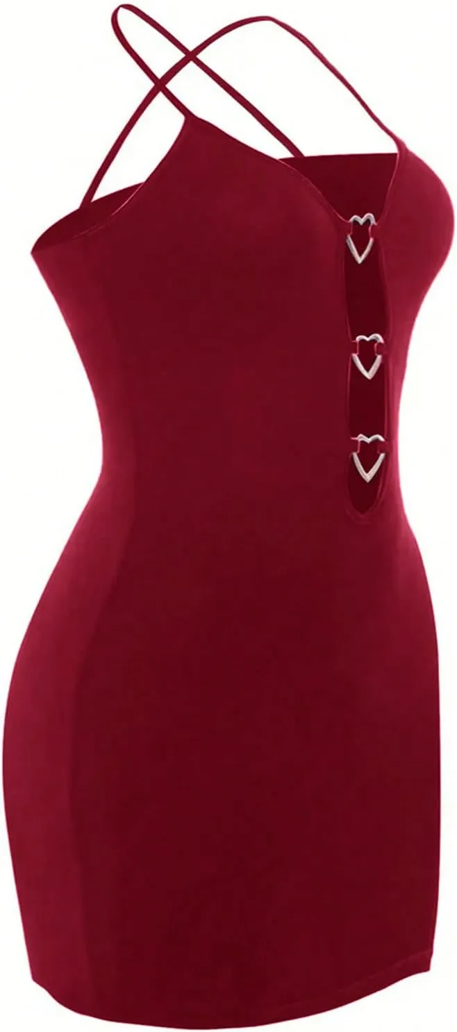 Women's Y2K Sexy Cut Out Dress Spaghetti Strap Slim Fitted Mini Dress Heart Cami Bodycon Dresses
