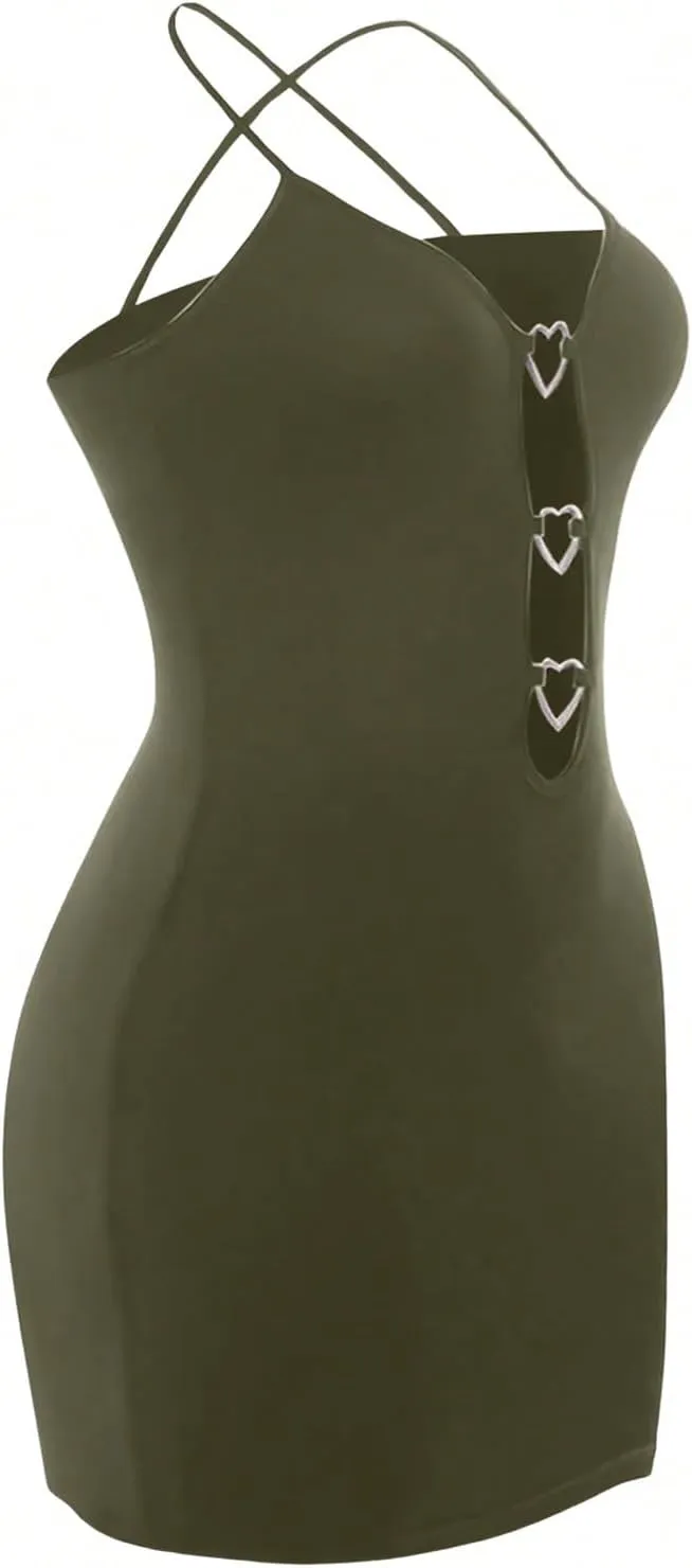 Women's Y2K Sexy Cut Out Dress Spaghetti Strap Slim Fitted Mini Dress Heart Cami Bodycon Dresses