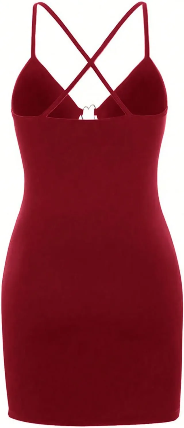 Women's Y2K Sexy Cut Out Dress Spaghetti Strap Slim Fitted Mini Dress Heart Cami Bodycon Dresses
