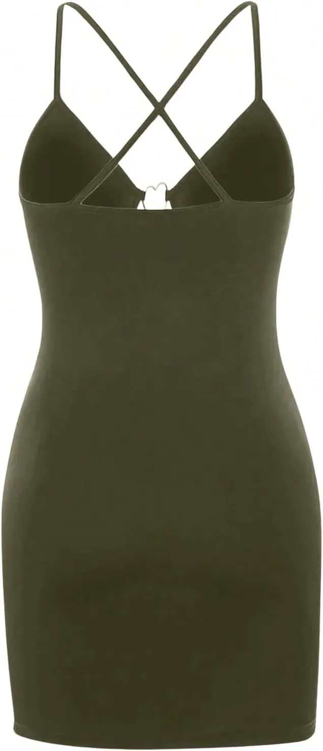 Women's Y2K Sexy Cut Out Dress Spaghetti Strap Slim Fitted Mini Dress Heart Cami Bodycon Dresses