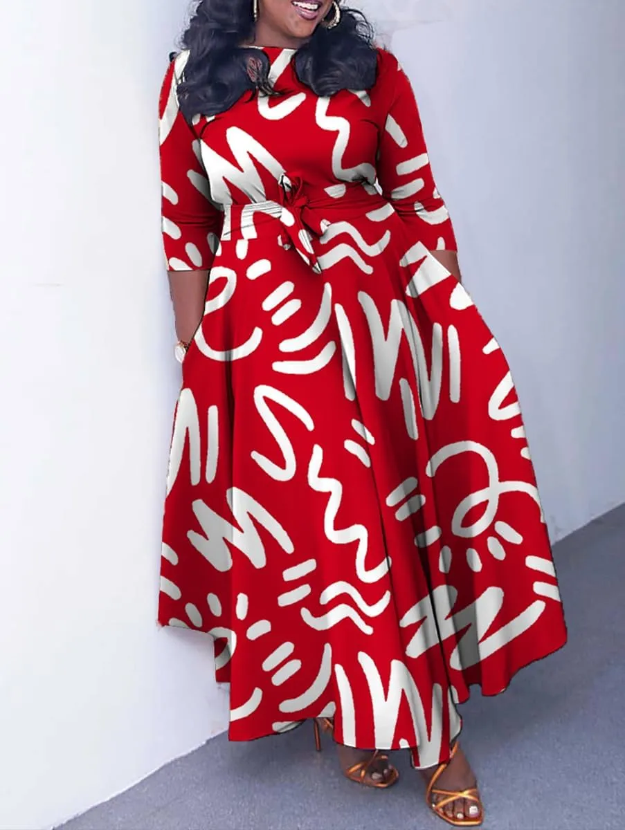 WUSENST Plus Size Formal Dresses for Curvy Women 3/4 Sleeve A-Line Flowy Printing Maxi Dress Pockets