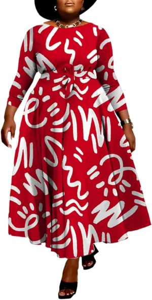 WUSENST Plus Size Formal Dresses for Curvy Women 3/4 Sleeve A-Line Flowy Printing Maxi Dress Pockets