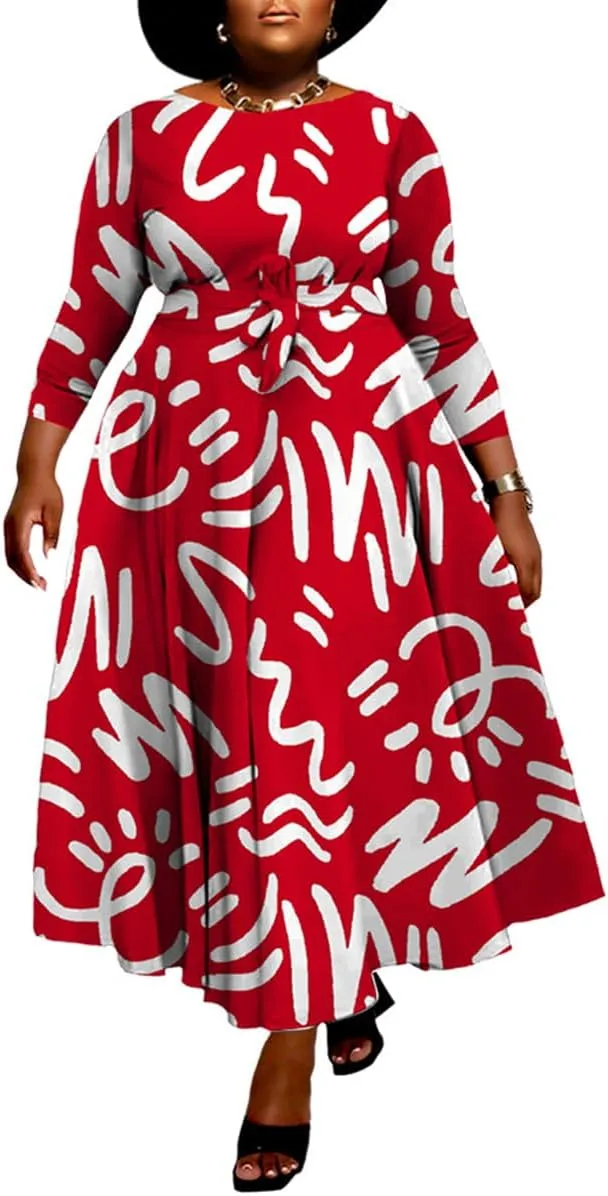 WUSENST Plus Size Formal Dresses for Curvy Women 3/4 Sleeve A-Line Flowy Printing Maxi Dress Pockets