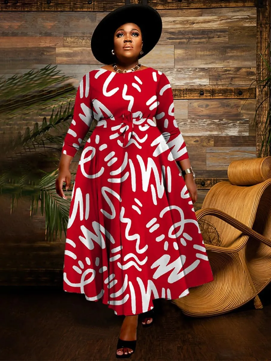 WUSENST Plus Size Formal Dresses for Curvy Women 3/4 Sleeve A-Line Flowy Printing Maxi Dress Pockets