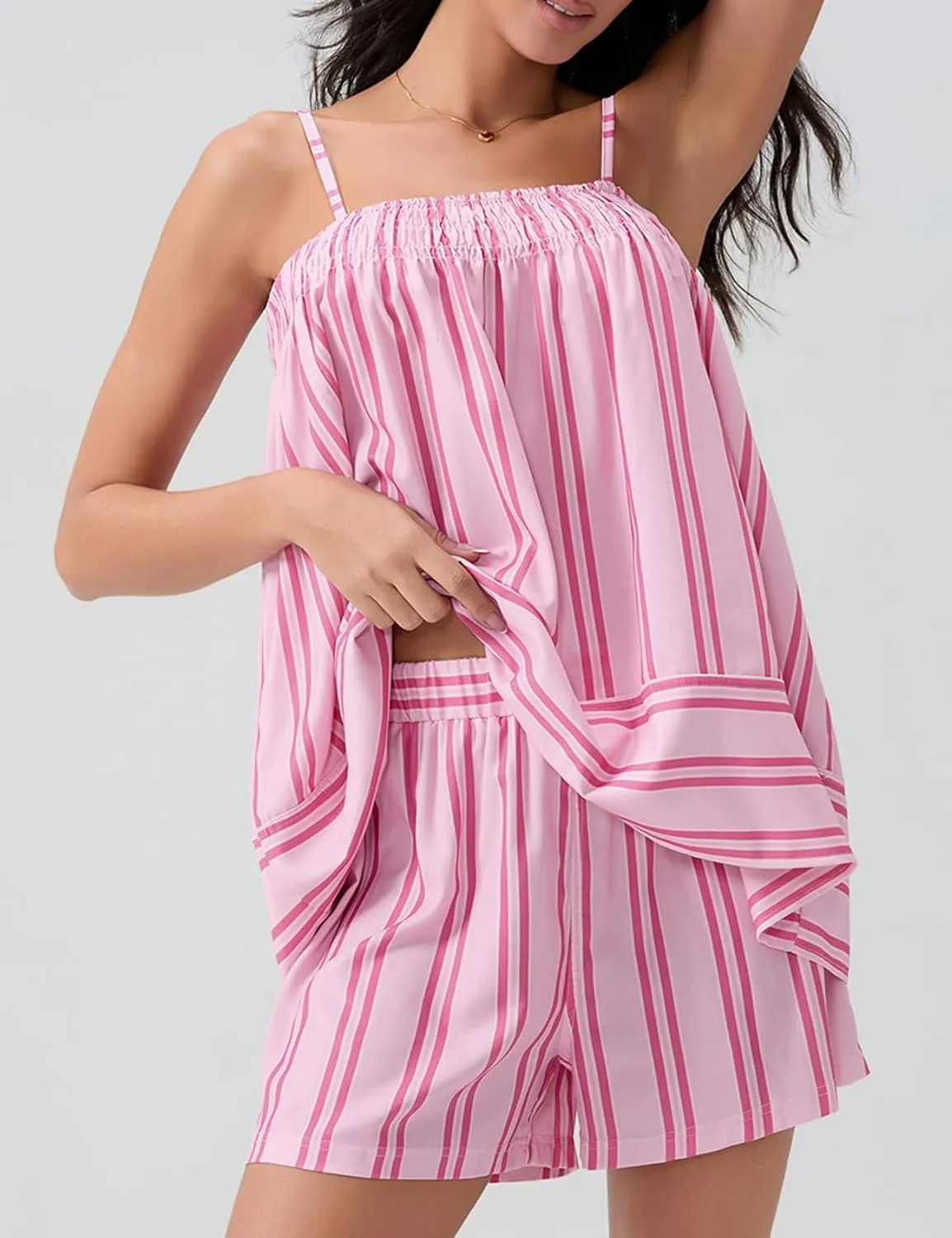 Wyeysyt Women Y2K Striped Pajama Set 2 Piece Ruffle Hem Cami Tops and Stripe Boxer Shorts Pj Set Sleepwear