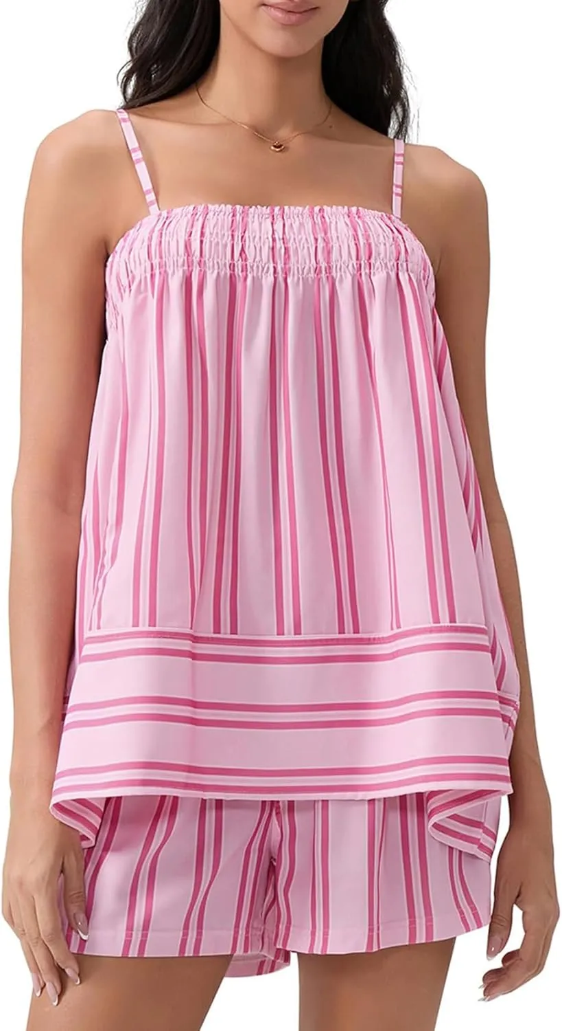 Wyeysyt Women Y2K Striped Pajama Set 2 Piece Ruffle Hem Cami Tops and Stripe Boxer Shorts Pj Set Sleepwear