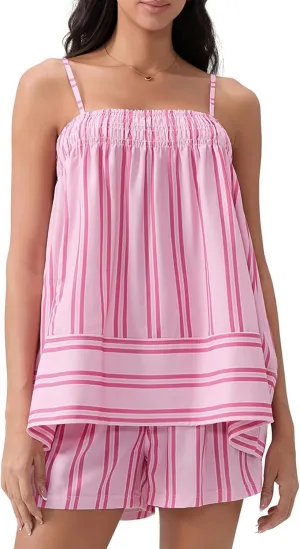 Wyeysyt Women Y2K Striped Pajama Set 2 Piece Ruffle Hem Cami Tops and Stripe Boxer Shorts Pj Set Sleepwear