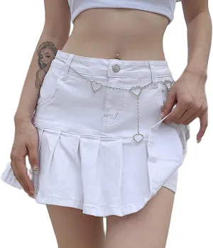 XBTCLXEBCO Girls Women High Waist Denim Skirts Casual A-Line Pleated Ruffled Mini Denim Skirt Flared Short Skater Skirt