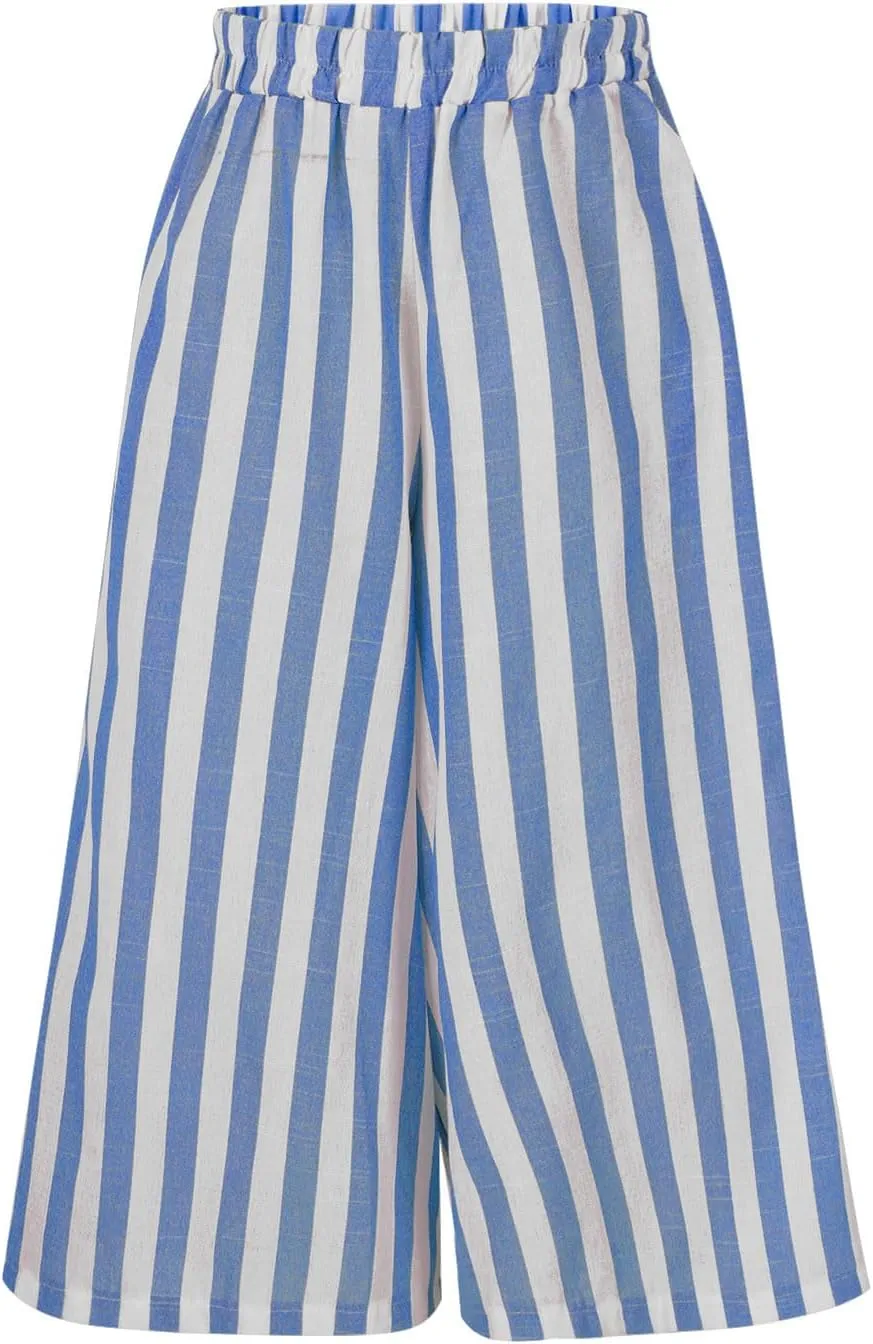 Xiaojmake Womens Wide Leg Palazzo Pants Linen Drawstring Cropped Trousers Y2K A Line Flowy Pants Striped High-Waist Culottes