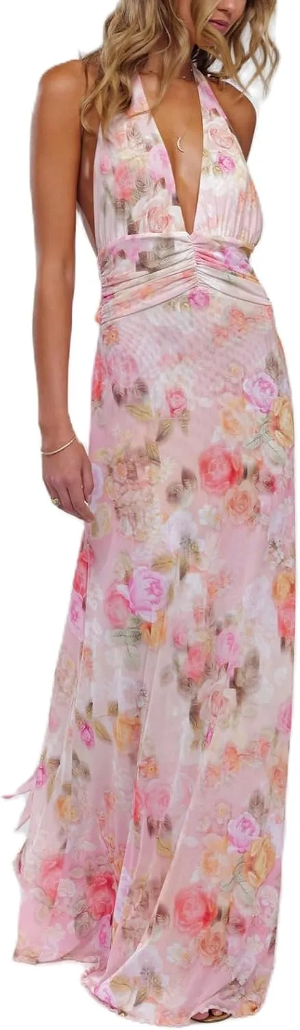 Y2k Womens Boho Floral Print Spaghetti Strap Maxi Bodycon Dress Summer Backless Dresses Beach Vacation Sundress
