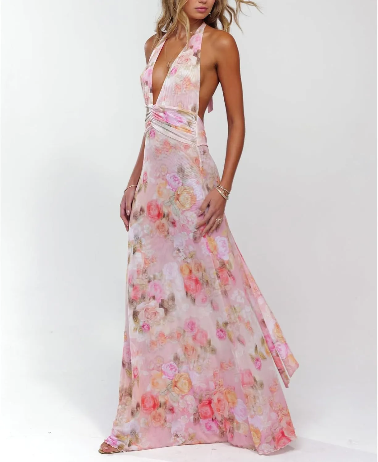 Y2k Womens Boho Floral Print Spaghetti Strap Maxi Bodycon Dress Summer Backless Dresses Beach Vacation Sundress