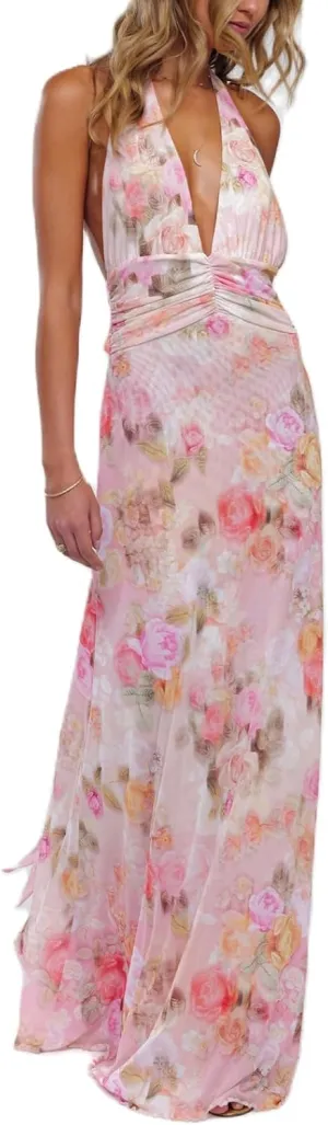 Y2k Womens Boho Floral Print Spaghetti Strap Maxi Bodycon Dress Summer Backless Dresses Beach Vacation Sundress
