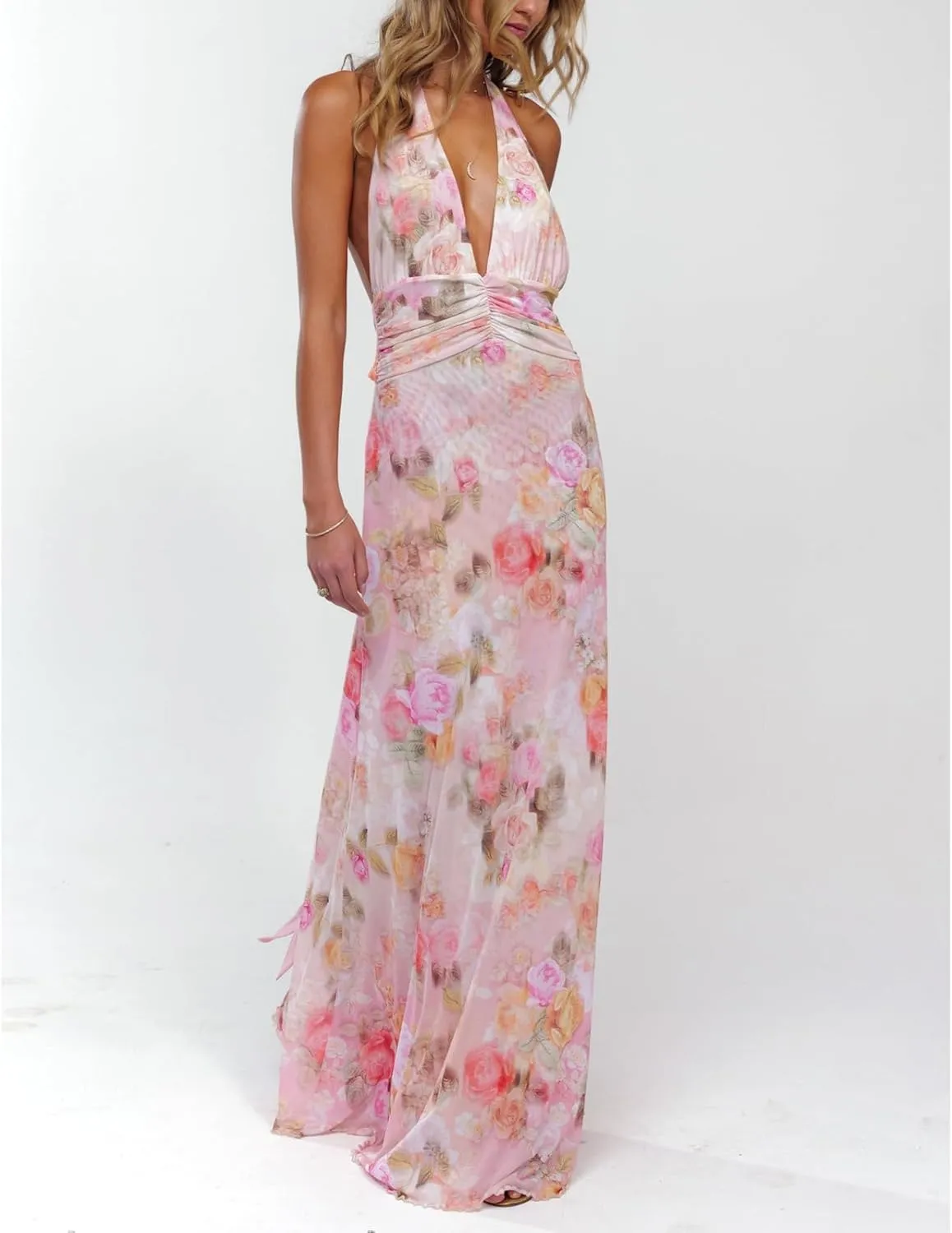 Y2k Womens Boho Floral Print Spaghetti Strap Maxi Bodycon Dress Summer Backless Dresses Beach Vacation Sundress