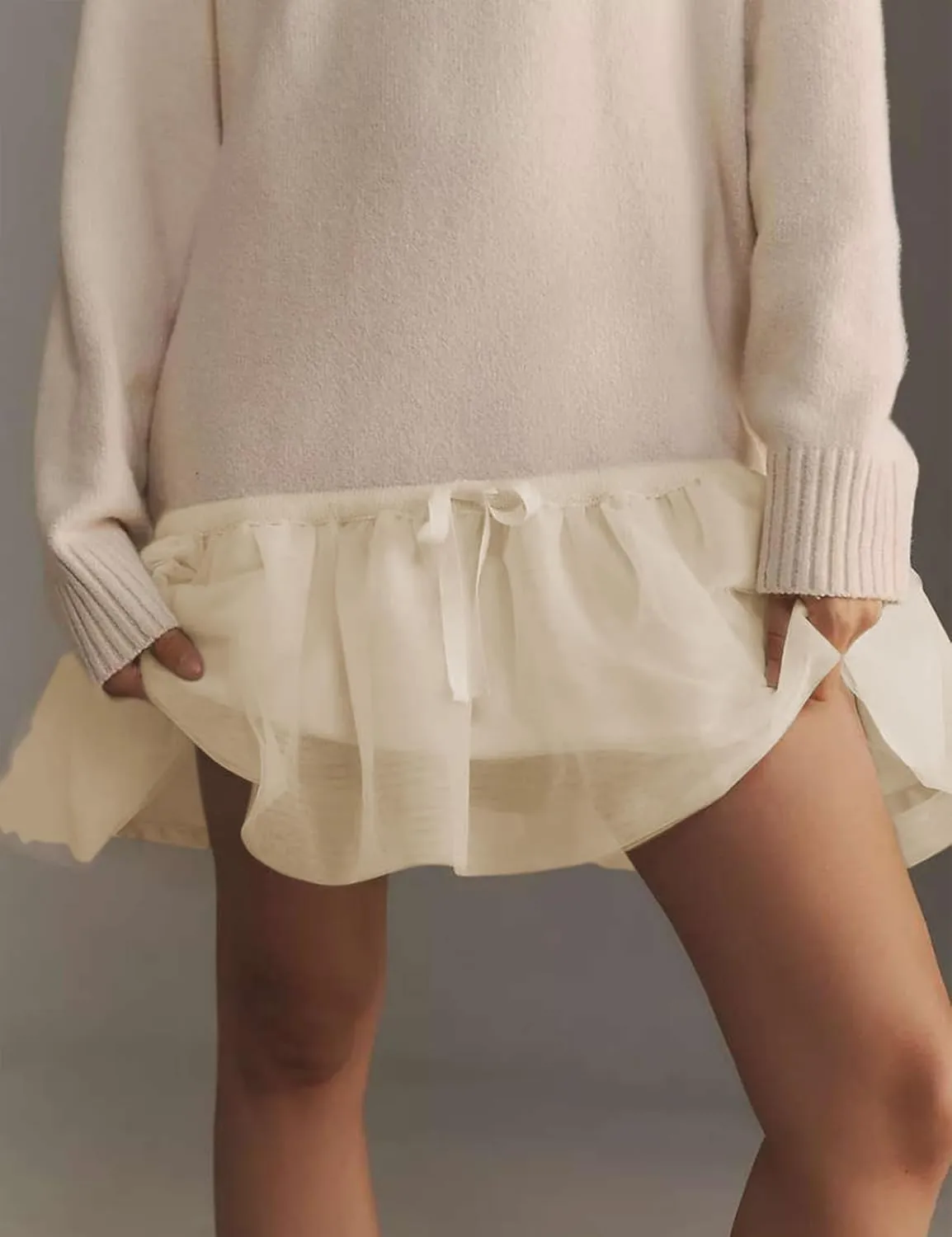 Yeokou Women Turtleneck Tulle Mini Dress Ribbed Knit Sweater Long Sleeve Elastic Hem Skirt Loose Pullover